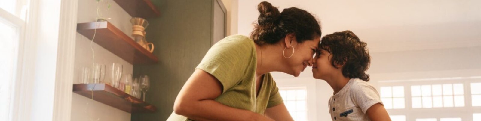 A smiling woman and a young boy touching their noses