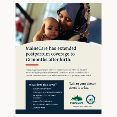 MaineCare postpartum expansion flyer for New Mainers