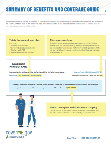 First page of Summary of Benefits and Coverage Guide from CoverME.gov