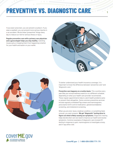 First page of Preventive vs. Diagnostic Care resource from CoverME.gov