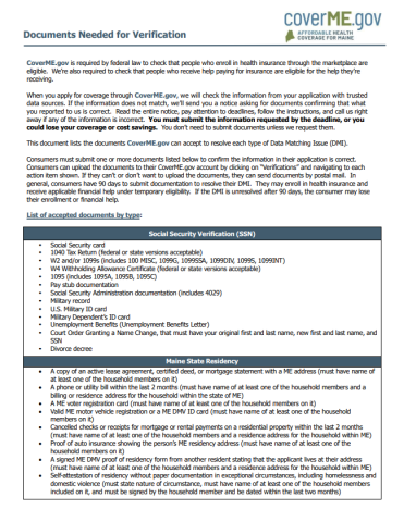 First page of acceptable verification documents for CoverME.gov