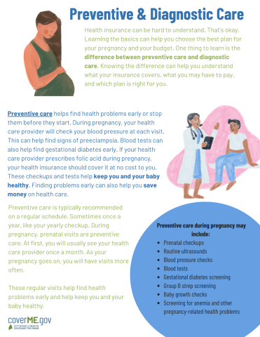 First page of Maternal Health Preventive vs. Diagnostic Care resource from CoverME.gov
