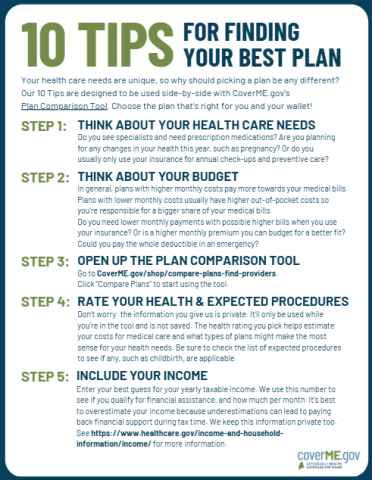 First page of 10 Tips for Finding Your Best Plan two-pager resource