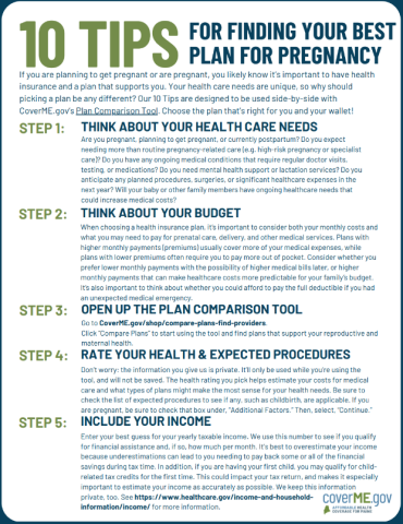 CoverME.gov-Maternal Health-10 Tips for Finding Your Best Plan Flyer