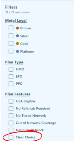 Plan Comparison Tool filters (Clear Choice)